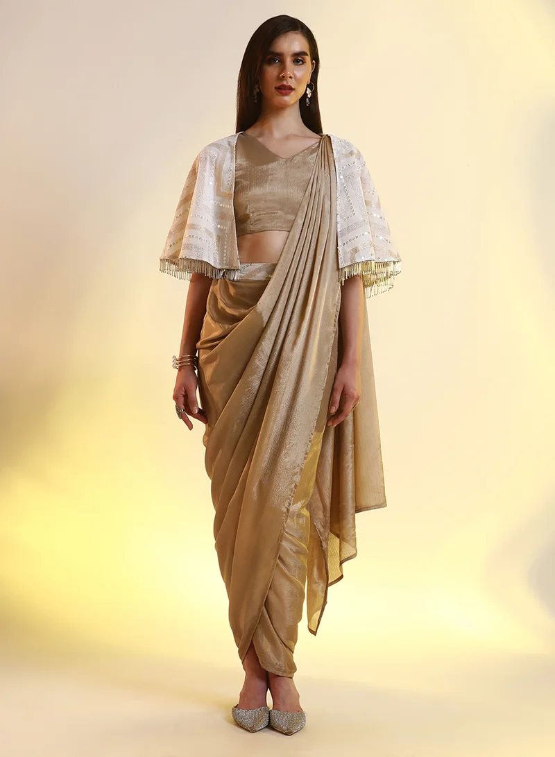  قصة Women's French Beige Bijou Cape Pre-Draped Saree For Casual Wear | V-Neck | Cape Sleeves | 1 Piece Pre-Draped Saree Designed With Comfort Fit For Everyday Ethnic Wear
